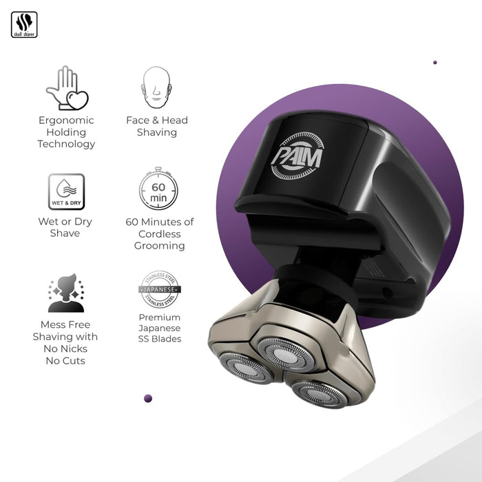 Skull Shaver Palm Shaver for Men: Best Bald Head & Face Shaver, Waterproof, Cordless, Gift Item, Travel-Friendly - A Perfect Shaver for Bald Men/Women