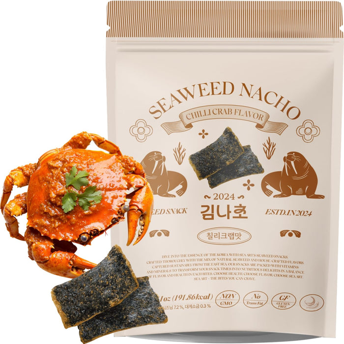 Korean Food SEA*ART Chilli Crab Flavored Seaweed Nachos – 40g (1.41oz) Zipper Pack – Bold Chilli Crab Kick, Crispy & All-Natural, 100% Vegan Fusion Gourmet Sea Vegetable Treat