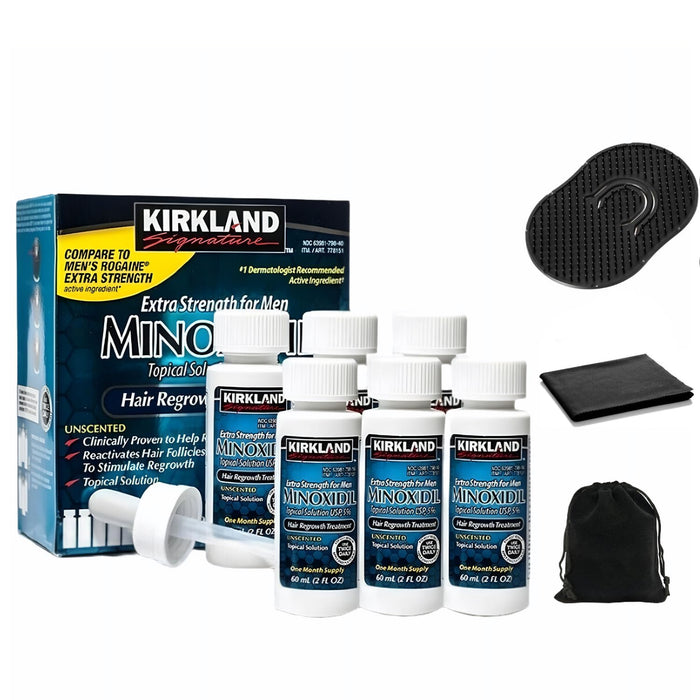 Minoxidil for Men 5% Topical Solution Extra Strength Hair Regrowth Treatment, Dropper Applicator Included (6 month supply), Clear, Includes Scalp Massager, Cleaning Cloth and Traveling Pouch