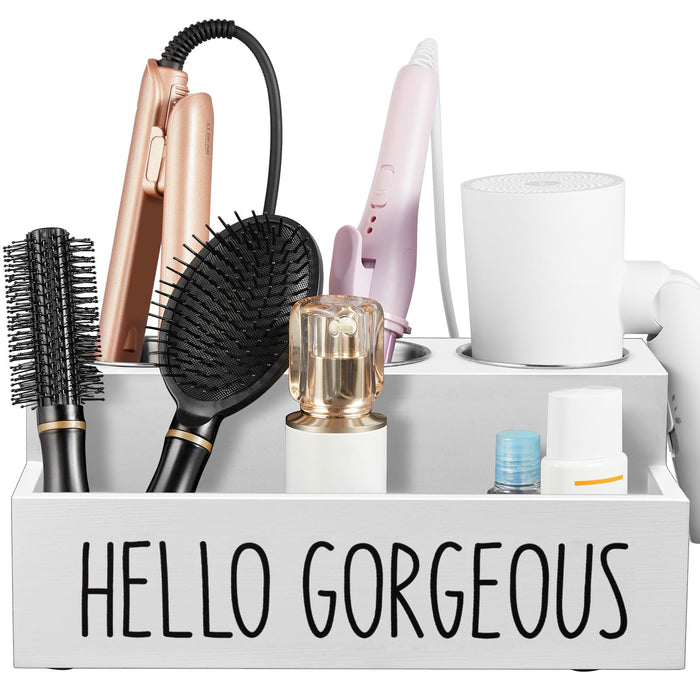 Bivvclaz Hair Tool Organizer, Wooden Hair Dryer Holder Countertop, Wall Mount Hot Tools Organizer for Hair Styling Accessories, Bathroom Supplies Vanity Caddy for Curling Wand, Blow Dryer, White