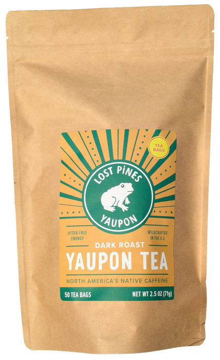 Lost Pines Yaupon Tea Dark Roast, 50 Tea Bags - Regenertative, sustainable, wild harvested yaupon, the only caffeinated plant native to North America