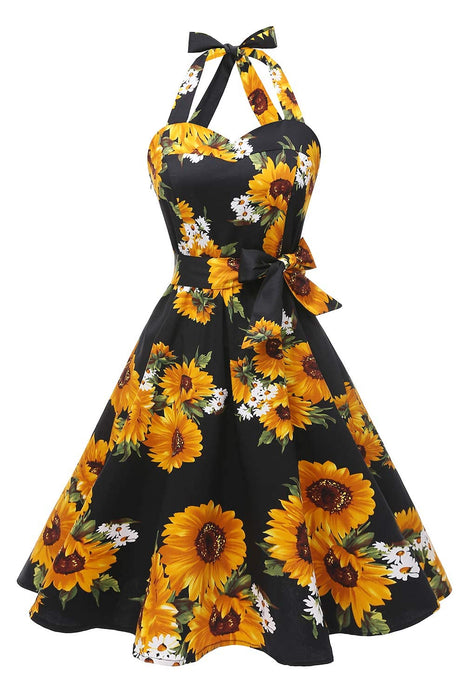 Topdress Women's Vintage Polka Audrey Dress 1950s Halter Retro Cocktail Dress Black Sunflower M