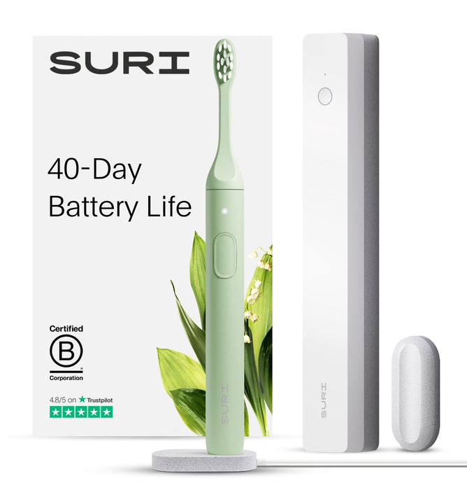 SURI Electric Toothbrush - Sustainably Designed in California. Electric Toothbrushes Adults. Durable Slim Sonic Travel Tooth Brush. 40-Day Battery