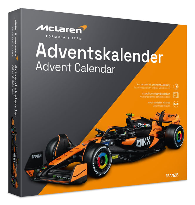 FRANZIS 67391 McLaren Racing Advent Calendar 2025 Model Kit in Scale 1:43 Includes Sound Module and 52 Page Accompaniment Book
