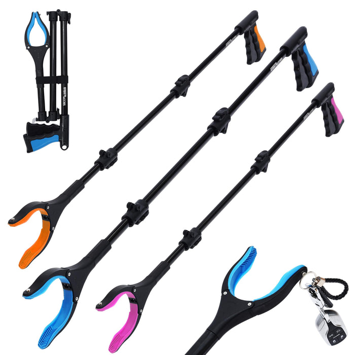 38" Extra Long Grabber Reacher Tool – 3 Pack Foldable Reacher Grabber Pickup Tools with 360° Rotating Jaw & Magnet - Heavy Duty Pick Up Grabbers for Seniors, Trash, Surgery Recovery (Orange Blue Pink)