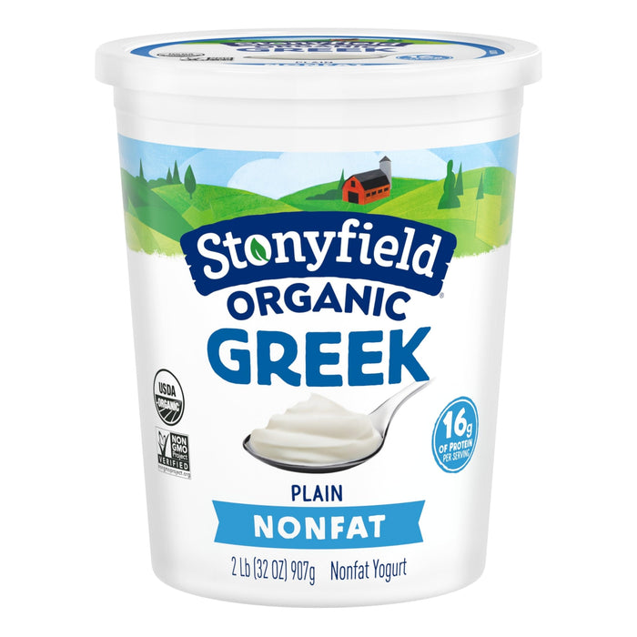 Stonyfield Organic Greek Nonfat Yogurt, Plain, 32 oz. – High in Protein (16g), 0% Fat; Multiserving Yogurt Snack & Cooking Substitute