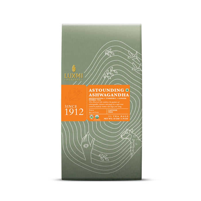 Luxmi Estates Astounding Ashwagandha Organic Ashwagandha Tea (25 Tea Bags) Caffeine Free Tea Bags For Sleep, Relaxing, Calming, and Stress Relief, With Certified Organic Herbal Tea