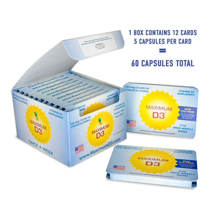 Maximum D3 13,000 IU Box, 60 Capsules Total (12 Cards/Box x 5 Capsules per Card), 60-Weeks Supply [Packaging May Vary]