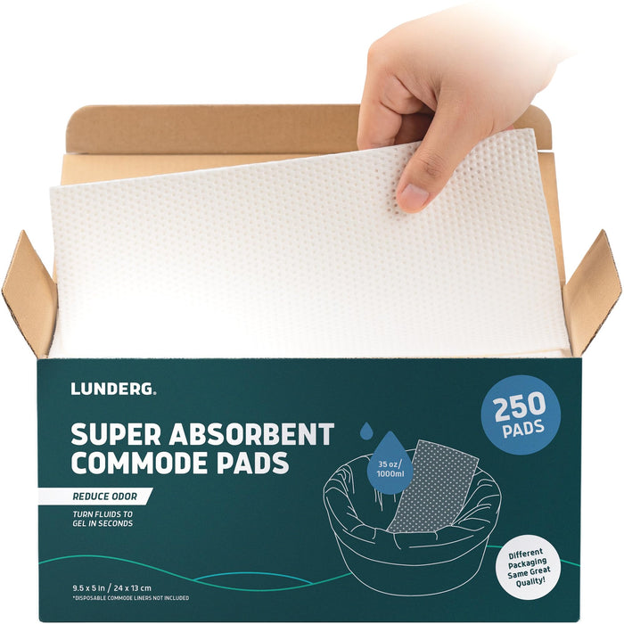 Lunderg Super Absorbent Commode Pads - Medical Grade Value Pack 250 Count - for Disposable Bedside Commode Liners, Adult Chairs, Portable Buckets & Camping Toilet Bags - Unscented