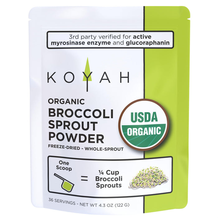 KOYAH - Organic USA Broccoli Sprout Powder (1 Scoop = 1/4 Cup Sprouts): 36 Servings, Freeze-Dried, Tested for Active Myrosinase and Glucoraphanin (Sulforaphane Glucosinolate)