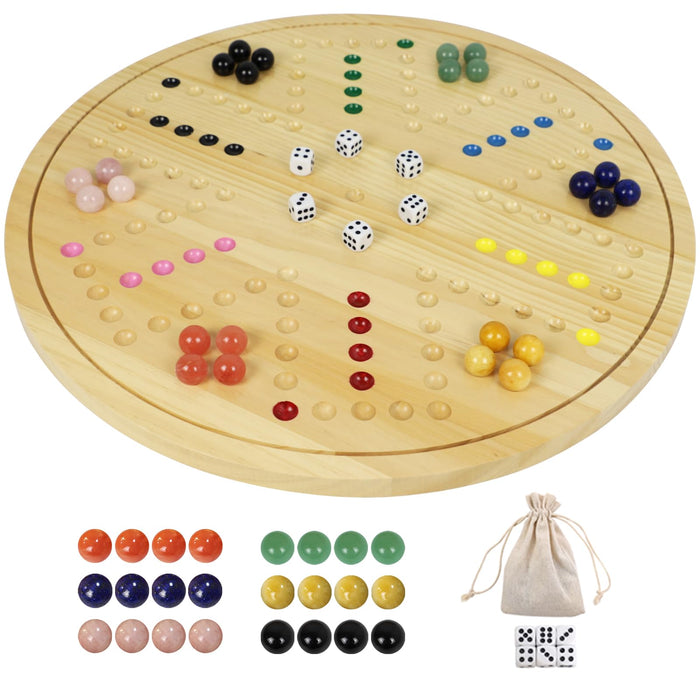 HOROW Wahoo Board Game Wooden Original Aggravation Board Game Classic 2 Side Painted Fast Track Game for 4 Player and 6 Player with 30 Marbles,10 Dices for Family Game Night(Log)