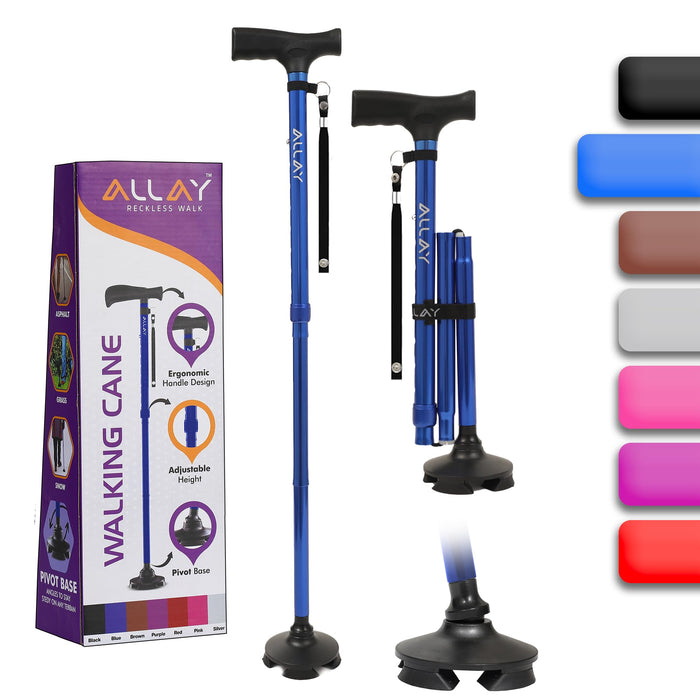 Allay Walking Cane for Men & Women - Foldable, Adjustable, Collapsible Walking Canes for Seniors Balance, Free Standing, Pivot Tip, Heavy Duty, with Travel Bag | Walking Sticks for Seniors - Blue