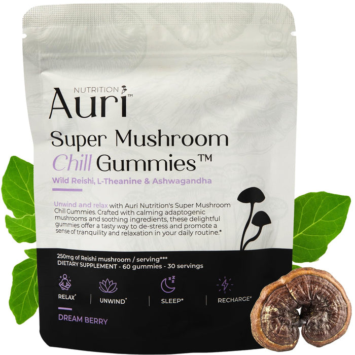 Auri Super Mushroom Chill Gummies - Natural Calming Aid & Stress Reduction Supplement for Adults w/Reishi Mushroom, Ashwagandha, L-Theanine - Unwind Mind & Harmonize Your Day - 60 Calm Gummies