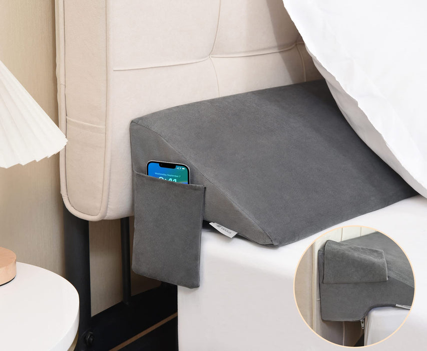 Vekkia Full Bed Wedge Pillow for Headboard Gap Filler(0-5"),High-Density Foam,Prevents Pillows & Items from Falling,Ergonomic Design,Large Storage Pockets, Removable&Washable Cover,Gray,54''x10 x6