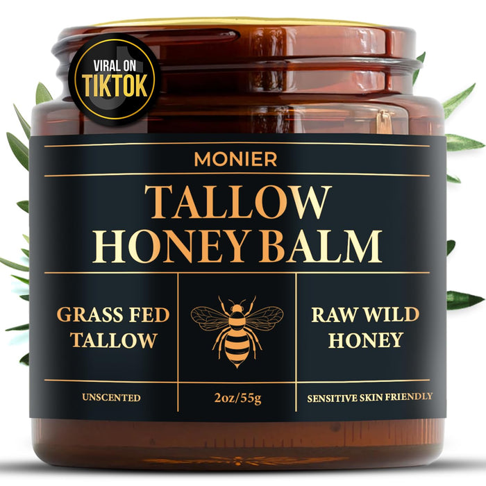 MONIER Tallow and Honey Balm for Face, Beef Tallow for Skin, Moisturizer with 100% Organic Grass-Fed Beef Tallow & Raw Wild Honey - Natural Formula for Dry & Sensitive Skin (Unscented)