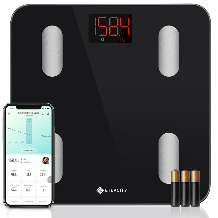 Etekcity Scales for Body Weight, Bathroom Digital Weight Scale Fat, Smart Bluetooth BMI, and Loss, Sync 13 Data with Other Fitness Apps, Black, 11x11 Inch