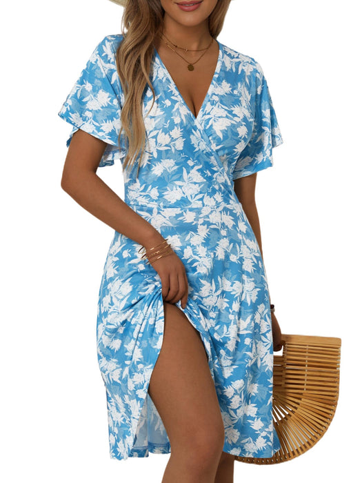 FENSACE Summer Dresses for Women Knee Length Tropical Short Hawaiian Dress(Blue White Floral-52,Small)