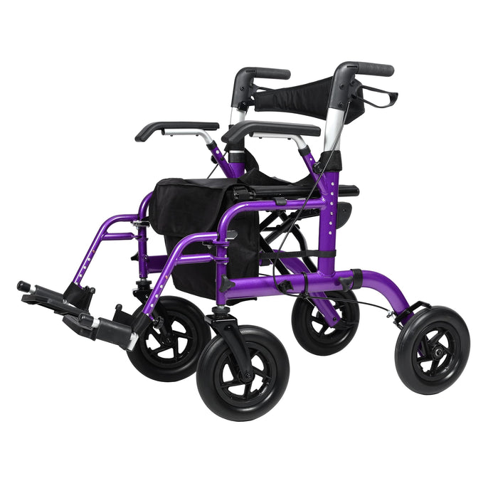 ELENKER All-Terrain 2 in 1 Rollator Walker & Transport Chair, Folding Wheelchair with All 10” Wheels for Seniors, Reversible Backrest & Detachable Footrests, Purple
