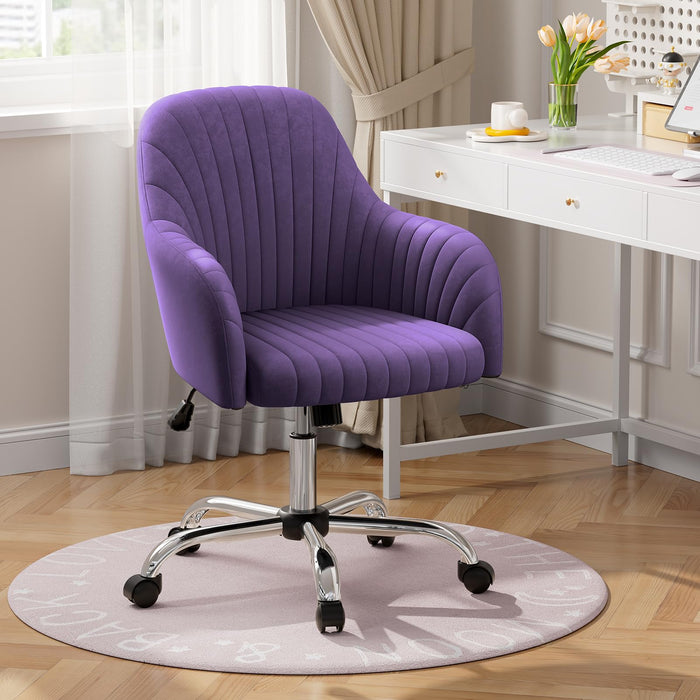 Warmiehomy Desk Chair, Velvet Office Chair for Home Office, Comfy Vanity Chair, Girl Cute Makeup Chair with Arm Rest for Bedroom Dressing Room, Purple