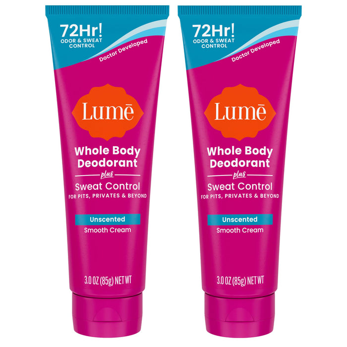 Lume Whole Body Deodorant Plus Sweat Control - Smooth Cream Tube - 72 Hour Odor And Sweat Control - Baking Soda Free, Skin Loving - 3.0 ounce (Pack of 2) (Unscented)