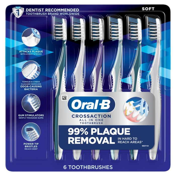Oral-B CrossAction All in One Soft Toothbrushes, Deep Plaque Removal, Rounded Bristles Gentle on Teeth, Tongue and Cheek Cleaner, Gum Stimulators, 6 CountGET 20% OFF STOREWIDE!