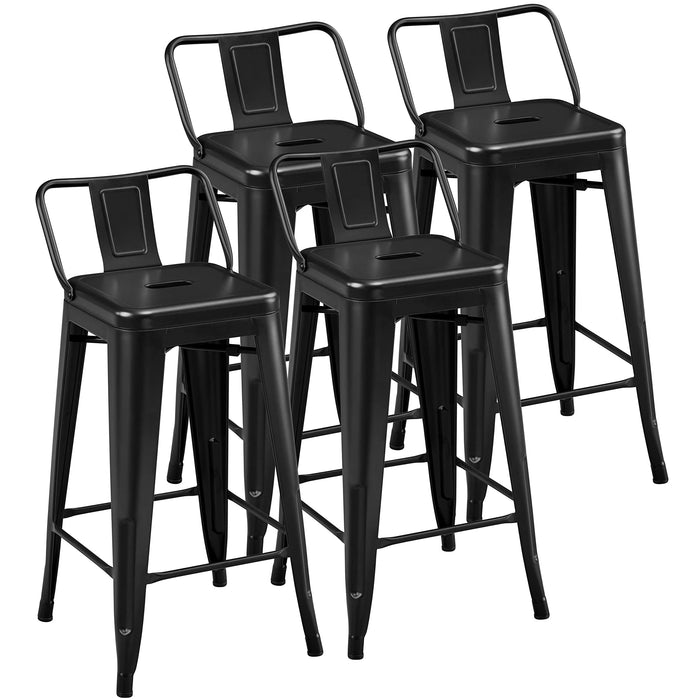 Yaheetech Bar Stools Set of 4, Metal Counter Height Chairs, 26 Inch Industrial Kitchen Stools with Backrest and Footrest for Indoor/Outdoor, Matte Black