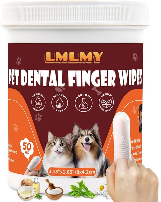 LMLMY Dog Dental Wipes - Dental Finger Wipes for Cats & Dogs - Dog Toothbrush Finger Dental Wipes to Remove Plaque & Tartar,50 Piece Dental Hygiene Kit (White, 3.15 x 1.65)