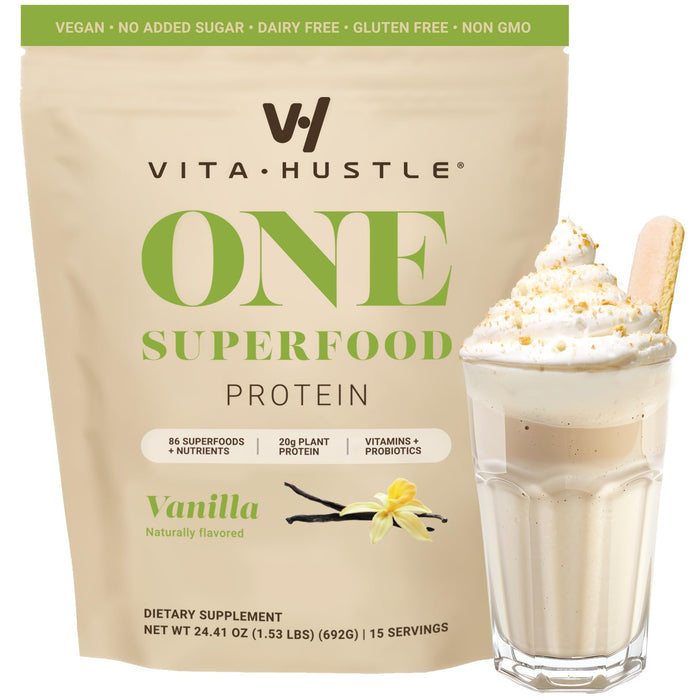 VitaHustle ONE Meal Replacement Shake - Plant Based Protein Powder by Kevin Hart - Vegan, Meal Replacement Powder with Superfoods, Vitamins, Adaptogens & Probiotics - Vanilla Flavor, 15 Servings
