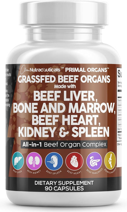 Clean Nutraceuticals Grass Fed Beef Liver Capsules - Premium Quality Supplement Packed with Desiccated, Beef Heart, Beef Spleen, Beef Pancreas Plus Bone & Marrow Dao Enzyme Pills