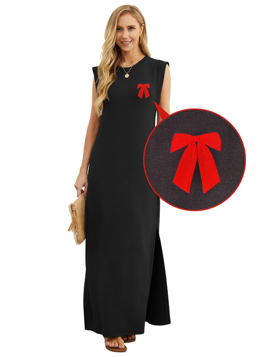 GRECERELLE Valentines Bow Dress for Women Petite Loose Split Casual Maxi Dress with Pockets (Black Red Bow, X-Small)