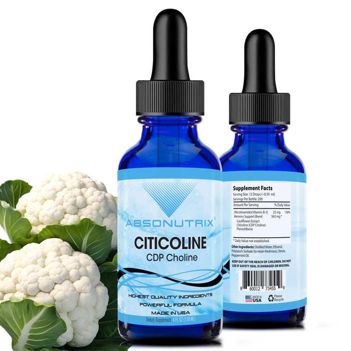 Absonutrix Citicoline 590 mg, 4 Oz Bottle, 200 Servings, Made in USA, Quick Absorption, Quality Potent Ingredients, Non-GMO, GMP Certified, Cruelty-Free Products