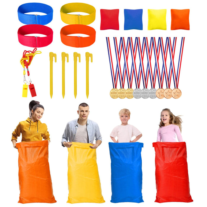 Retros Market Potato Sack Race Bags Set, with 3-Legged Race Bands Bean Bags Medals Whistles, Tent Nails for Family Gatherings, Birthday Parties, School Outside Sports Games 31 pcs