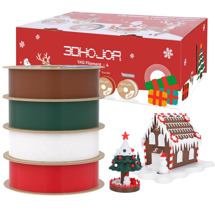 3DHoJor PLA+ Filament 1.75mm 3D Printer Filament + 1kg*4 Christmas Special Bundle Cardboard Spool Dimensional Accuracy +/- 0.03 mm - (True red/Milky White/Brown/Pine Green)