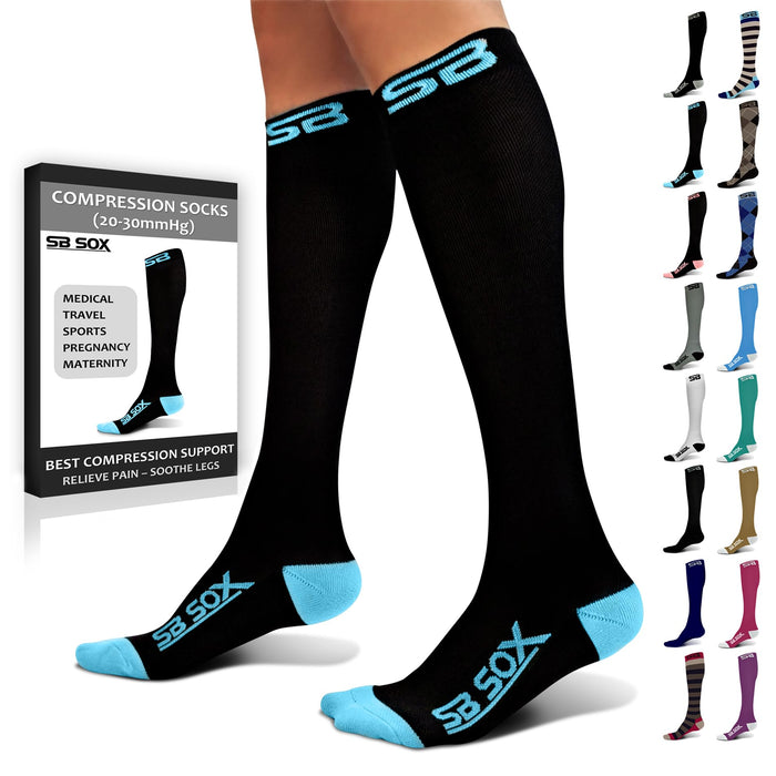 SB SOX Compression Socks for Men & Women (20-30 mmHg) - Best Support Stockings for Travel, Medical, and Sports - Perfect for Everyday Wear (Small, Black/Blue)