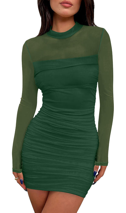 WIHOLL Women's Mesh Sheer Long Sleeve Ruched Mini Dress Fall Sexy Bodycon Little Short Mock Neck Date Night Christmas Cocktail Holiday Party Club HOCO Dresses 2025 Green L
