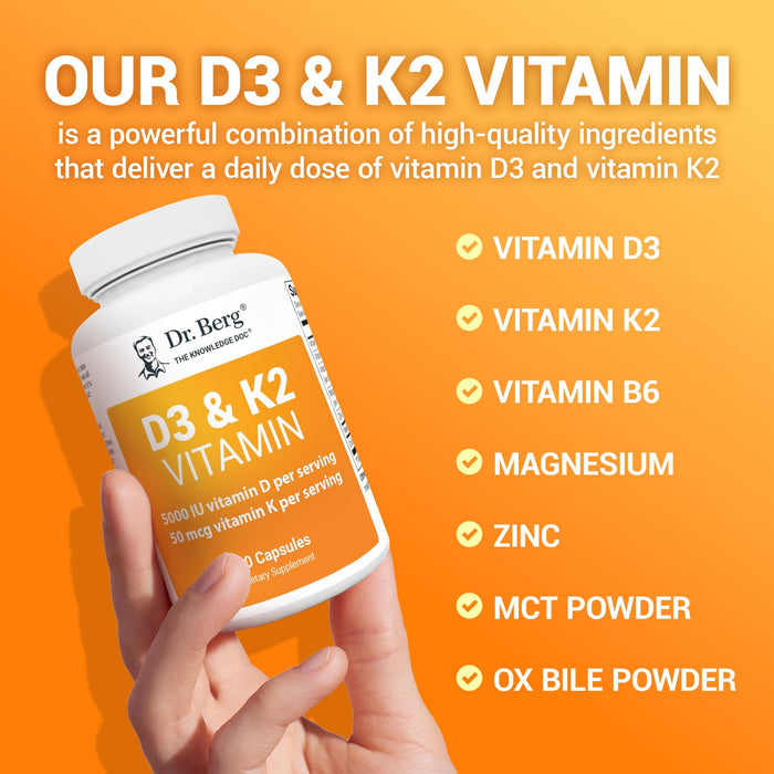 Dr. Berg D3 K2 Vitamin 5000 IU w/MCT Powder - Includes 50 mcg MK7 Vitamin K2, Purified Bile Salts, Zinc & Magnesium for Ultimate Absorption - K2 D3 Vitamin Supplement - 60 Capsules