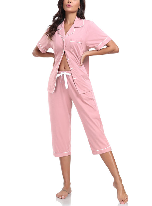 COLORFULLEAF Women's Pajama Sets 100% Cotton Summer Short Sleeve Capri Pajamas for Women Set Button Down Pjs Soft Sleepwear(Pink,L)