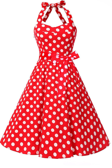 Topdress Women'sVintage Polka Audrey Dress 1950s Halter Retro Cocktail Dress Red Dot M