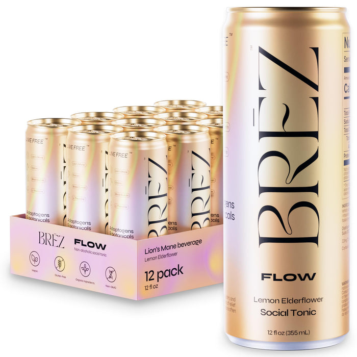 BREZ FLOW Lion’s Mane Mushroom Drink,12-Pack, Non-Infused, Adaptogens, Relieving, Uplifting, and Social, Sparkling Lemon Elderflower Tonic 12 Fl oz