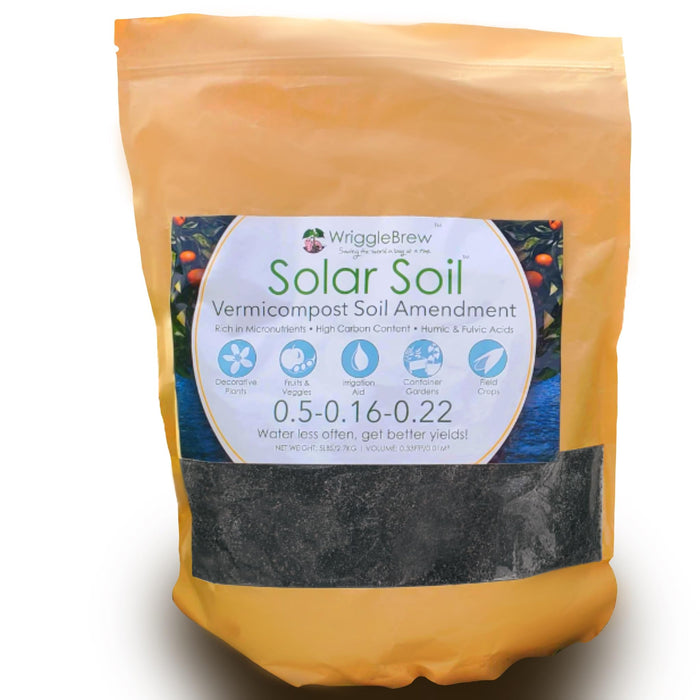 WriggleBrew Solar Soil Vermicompost Soil Amendment from Earthworm Castings. All Purpose Plant Food and Soil Enhancer for Gardens, Vegetables, Fruits, Houseplants. 5lb Bag. Mix with Potting Soil.