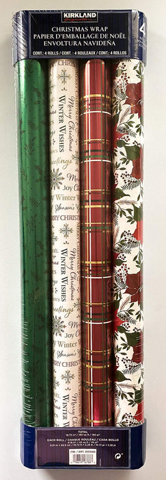Kirkland Signature 4 Roll Christmas Gift Wrap 180 sq ft Total Poinsettia/Plaid/Off White/Green