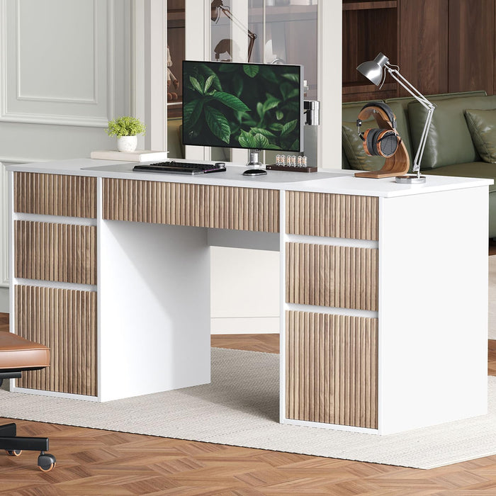 4 EVER WINNER 58 Inch White Desk with Drawers, Home Office Desks with 7 Storage Drawers, Executive Desk with File Cabinet for Bedroom Study Work Table Writing, White and Walnut
