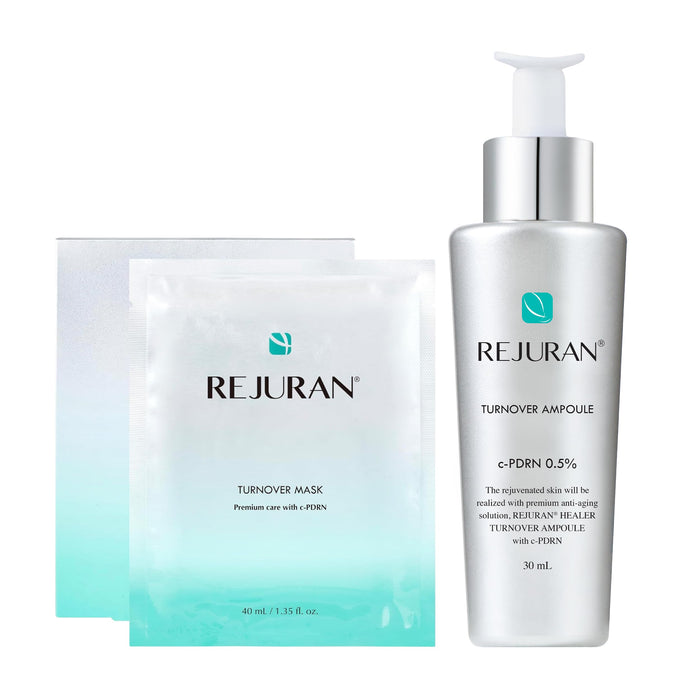 REJURAN® Turnover Ampoule 1.01 fl oz & Turnover Mask 5-Pack - c-PDRN® - Anti-Aging Face Serum Firmness, Radiance - Skin Repair, Firming Deeply Nourishing Ultra Microfiber Sheet Mask Korean Skin Care
