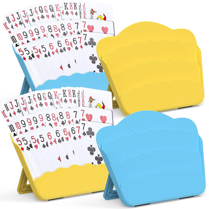 RESOVO Playing Cards Holders Stands Decks w/Foldable Tabletop Stand, 3 Layers Design for Poker UNO Cards, Playing Card Accessories, Set of 4 (2 Blue + 2 Yellow)