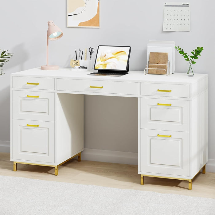 MaverickFurni White and Gold Desk with 2 File Drawers, 57 Inch Office Computer Desk with 7 Drawers, White Desk with Storage, Wooden Executive Desk for Office, Workspace for Work Study Writing