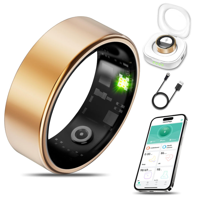 Smart Health Ring for Women Men Fitness Tracker with Heart Rate, Blood Oxygen, Blood Pressure, Sleep Monitoring, Step Counting, IP68 Waterproof for iPhone and Android, No Subscription Fee, Gold 9
