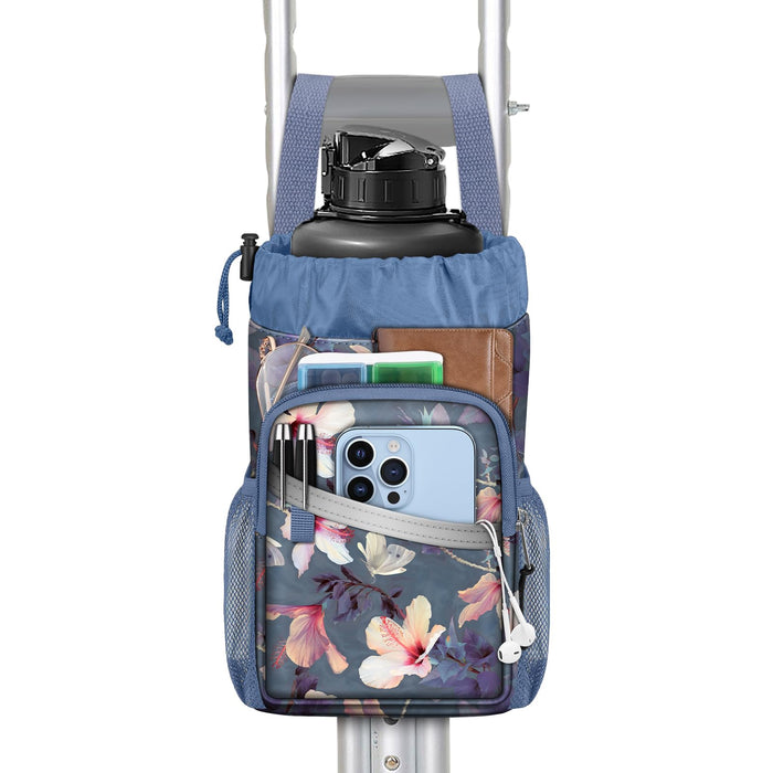 FINPAC Crutch Accessories Bag, Water-Resistant Storage Organizer Tote Bag with Drink Holder and Zipper Pouch for Crutches, Underarm Crutches Attachment, Blooming Hibiscus