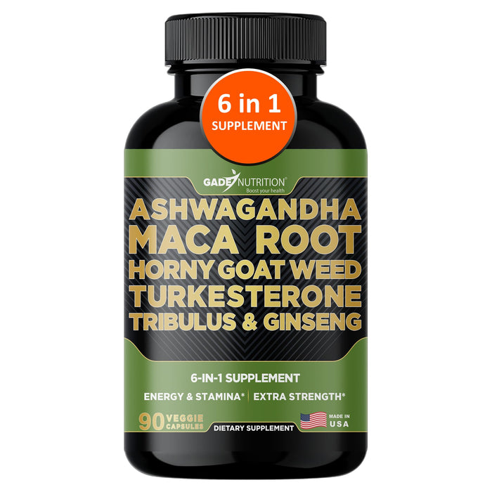 Gade Nutrition Ashwagandha with Maca Root, Horny Goat Weed, Turkesterone Supplement, Tribulus Terrestris, Panax Ginseng | 90 Vegetable Capsules for Energy, Stamina, Performance. | Made in USA