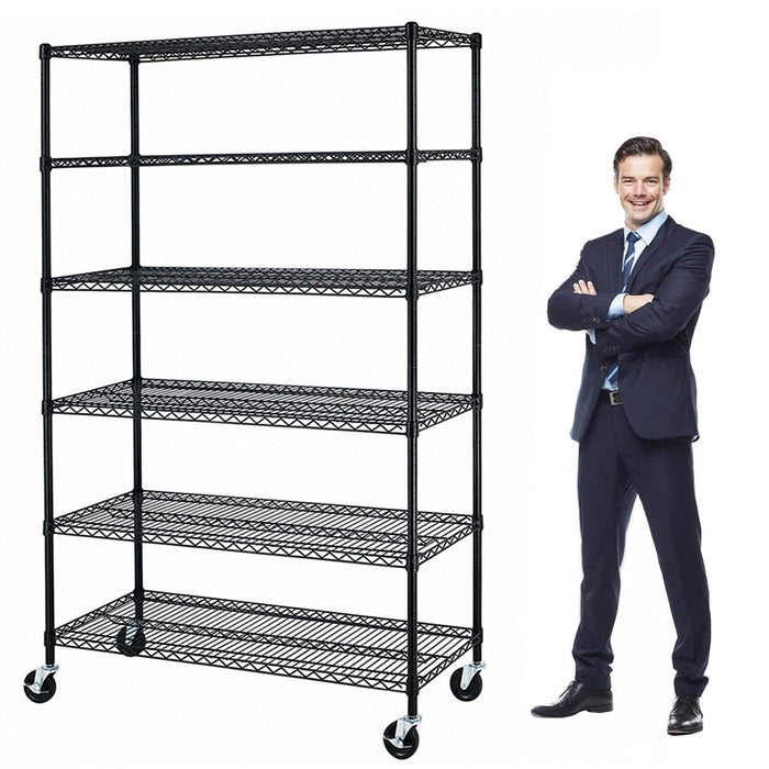YYkokocat 6000Lbs Capacity Heavy Duty Storage Shelves Commercial Wire Shelving Unit and Storage Adjustable NSF 6 Tier Metal Rack Shelf on Wheels for Garage Basement, 76 H x 48 L x 18 D - Black