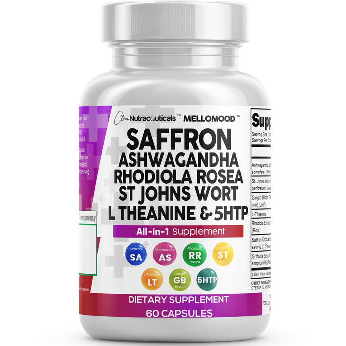 Clean Nutraceuticals Saffron Supplements with Ashwagandha - Mood Support with L-Theanine, Ginkgo Biloba, St. John's Wort, Rhodiola Rosea & 5-HTP - Saffron Pills
